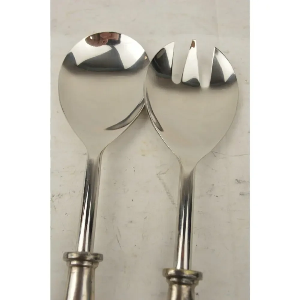 Vintage Silver Tone Salad Serving Spoon Fork Set Ornate Handles Made in India